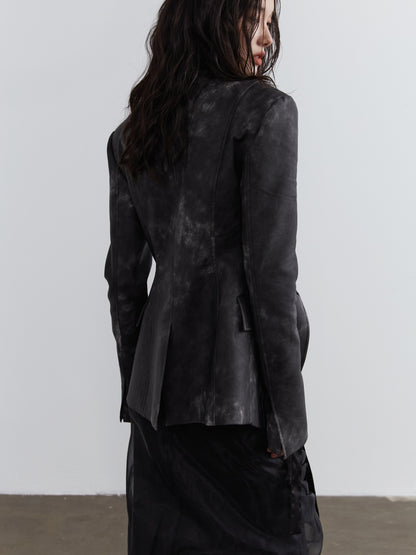 Smoky Ink-Dyed Faux Leather Fitted Jacket