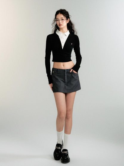 Office Lady Faux Two-Piece Slim Fit Cropped Shirt