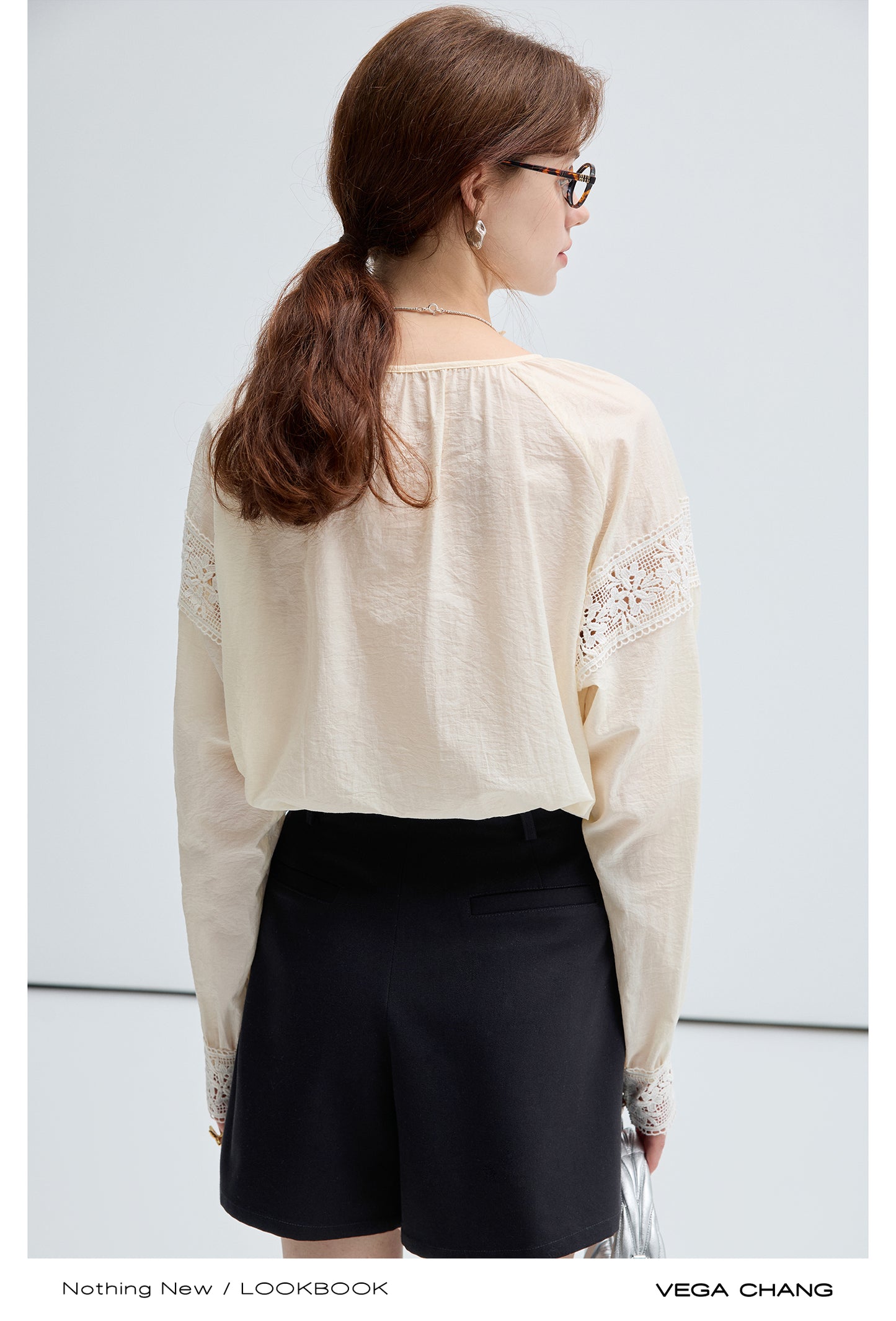 Lace Patchwork Collarless Pin Tuck Blouse