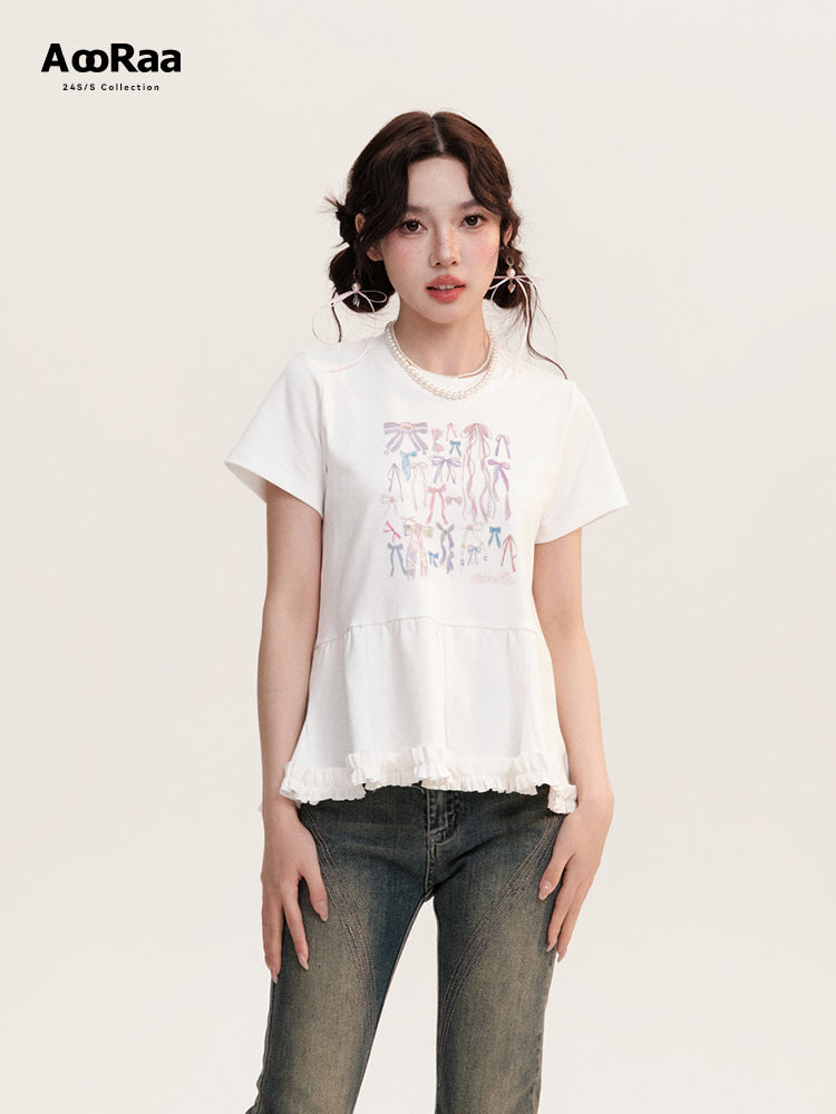 Illustrated Bows Print Frilled Hem T-Shirt