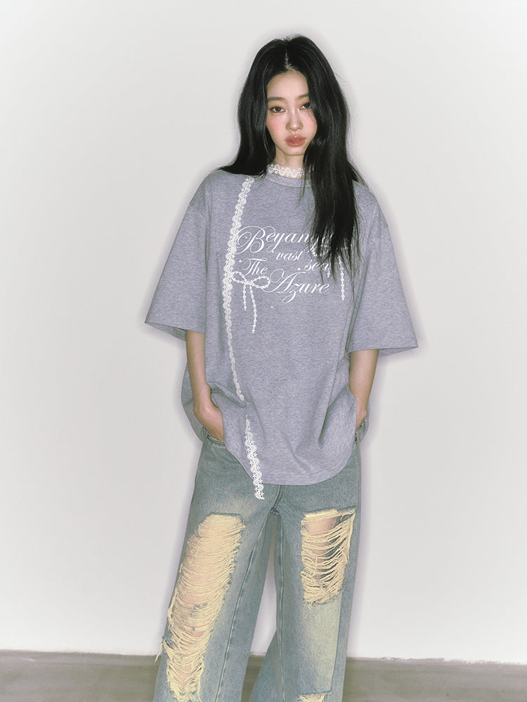 Bow Motif Oversized Letter Print T-Shirt