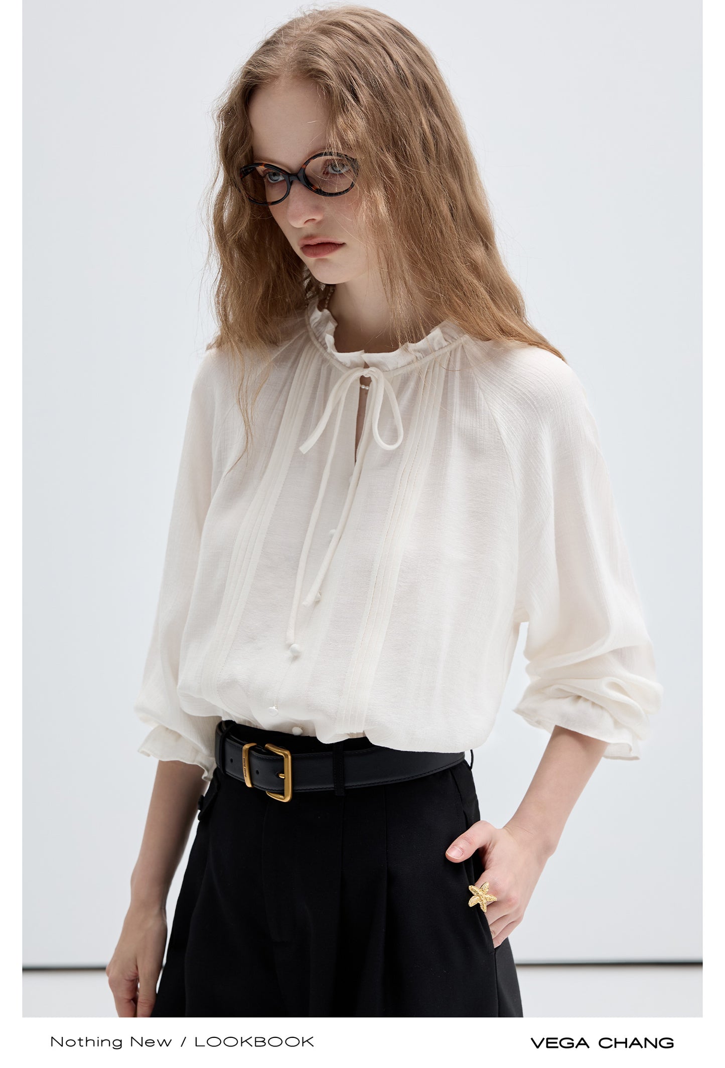 Frilled Trim Pin Tuck Blouse With Covered Buttons