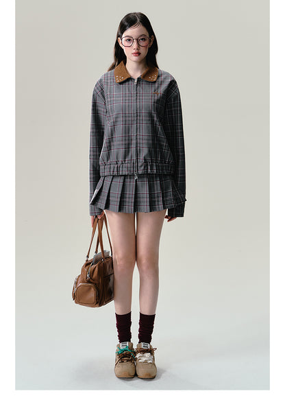 Plaid Zip-Up Jacket And Pleated Skirt Outfit