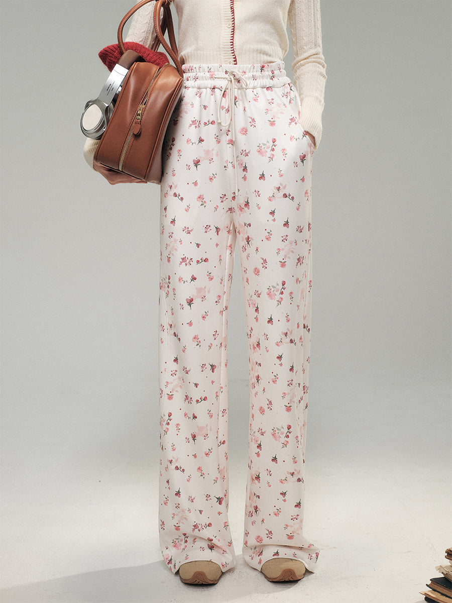 Red Rose Floral Print Pants, Belted Skirt