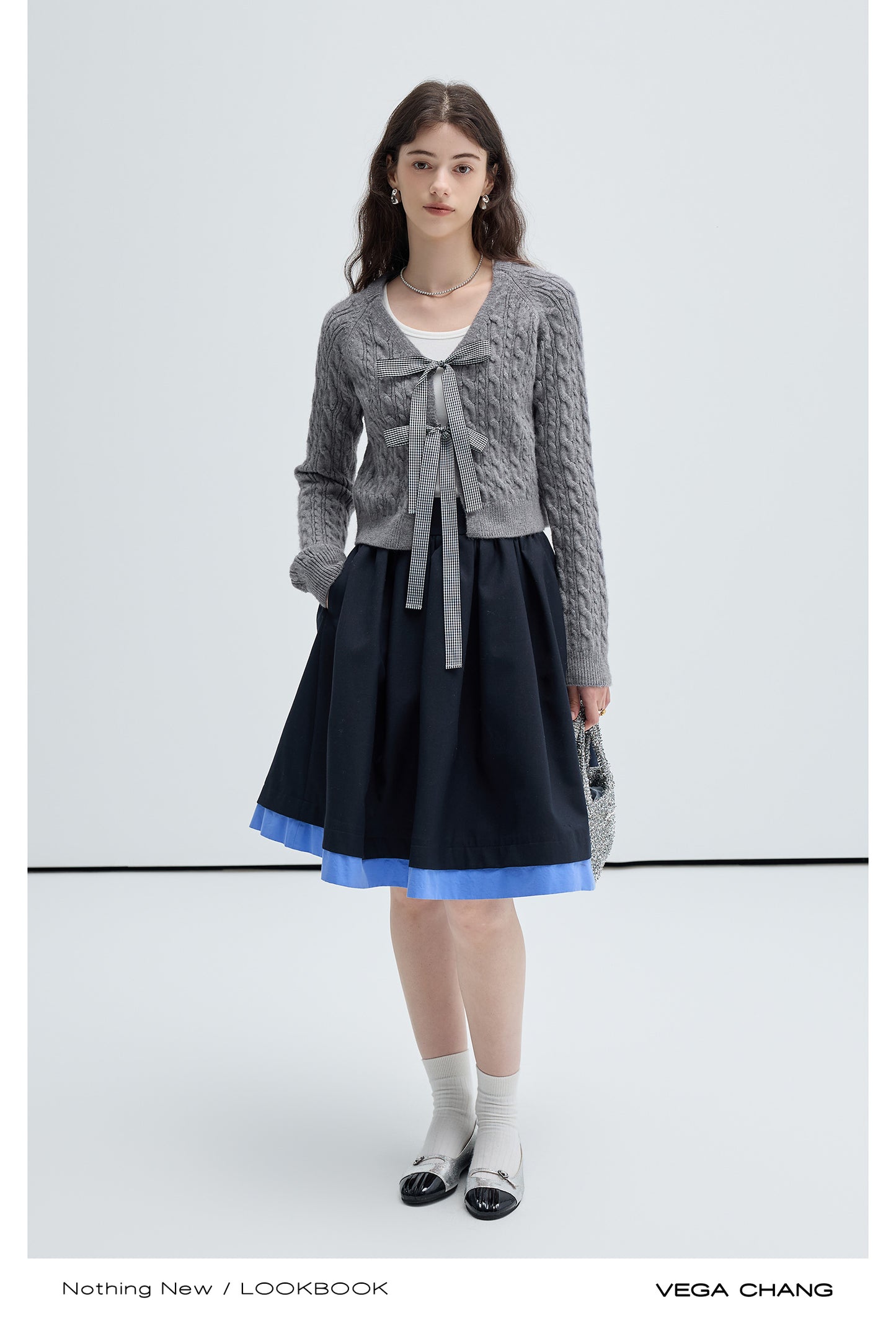 Cable Knit Cardigan With Gingham Ribbon Ties