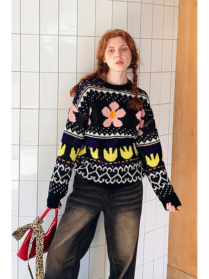 Multicolor Floral Jacquard Crew Neck Sweater