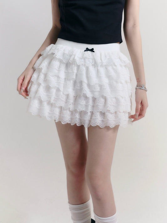 Multi-Layered Ruffled Lace Mini Skirt With Bow Accent