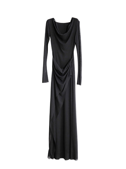 Hooded Sheer Rib Knit Faux Two-Piece Drape Dress