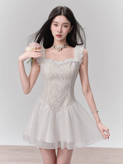 Ballet Style Frilled Lace Chiffon Flared Mini Dress