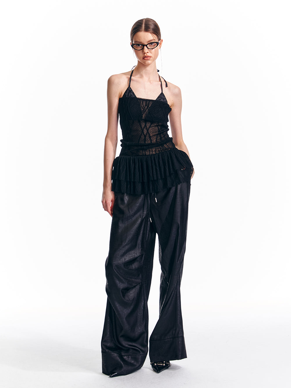 Elastic Waist Glossy Straight Wide Leg Pants