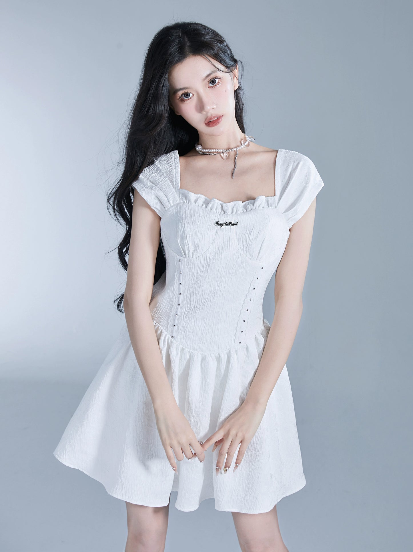 Soft Jacquard French Sleeve Bustier-Style Short Flared Dress