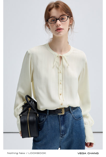 Tie Neck Stripe Chiffon Blouse With Flare Cuffs