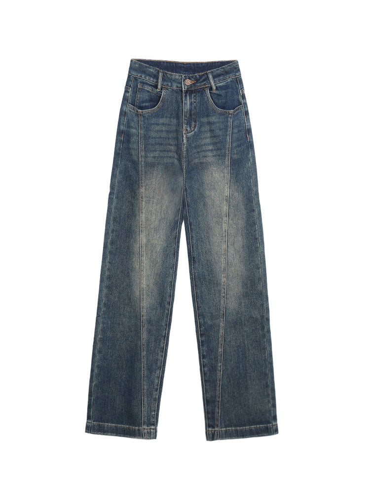 High Waisted Bias Seam Washed Straight Jeans