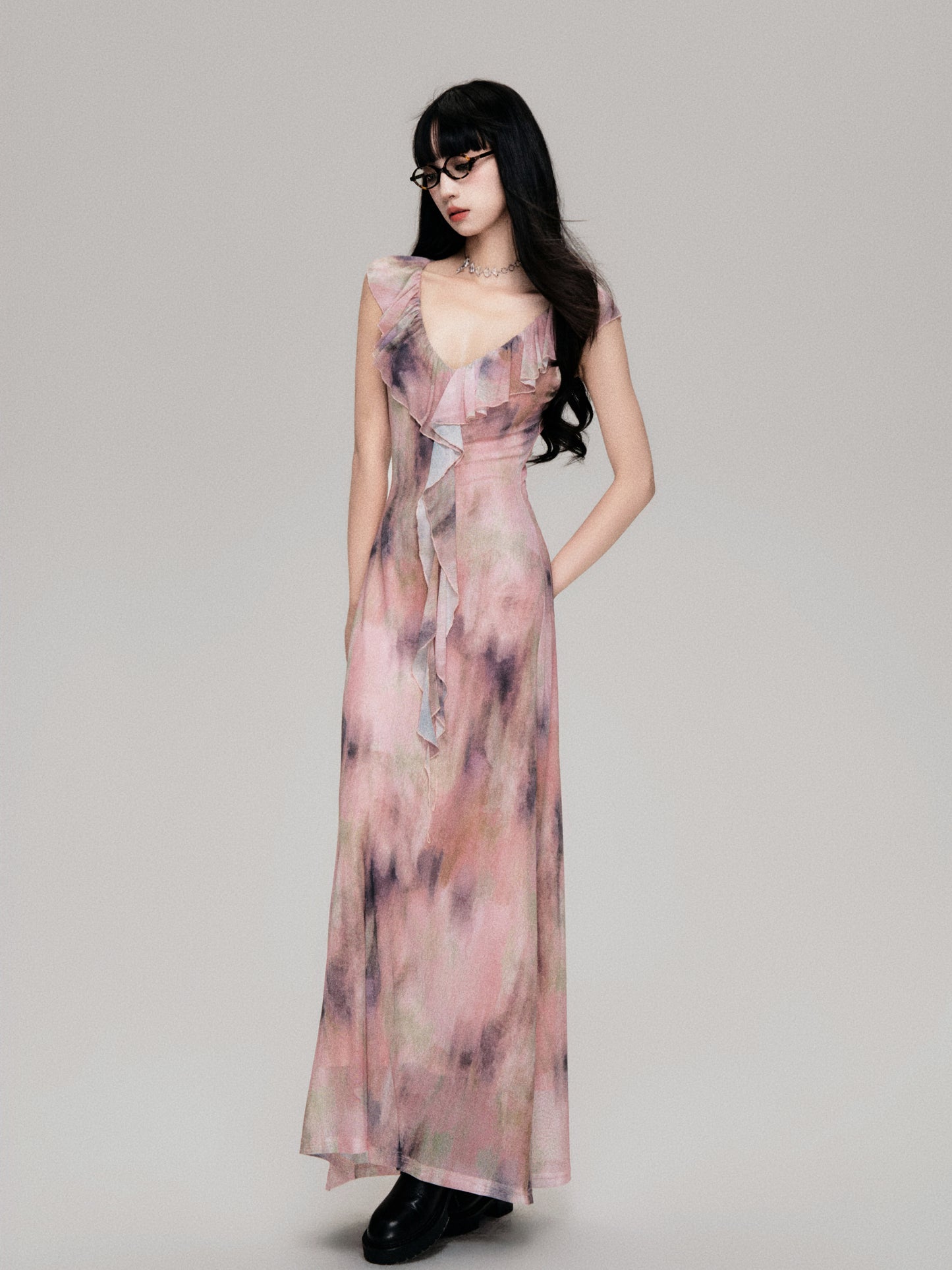 Smudge Print Wood Ear Edge V-Neck Mesh Long Dress