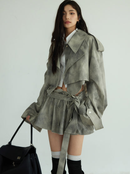 Cropped Dyed Jacket And Belted Mini Skirt Set