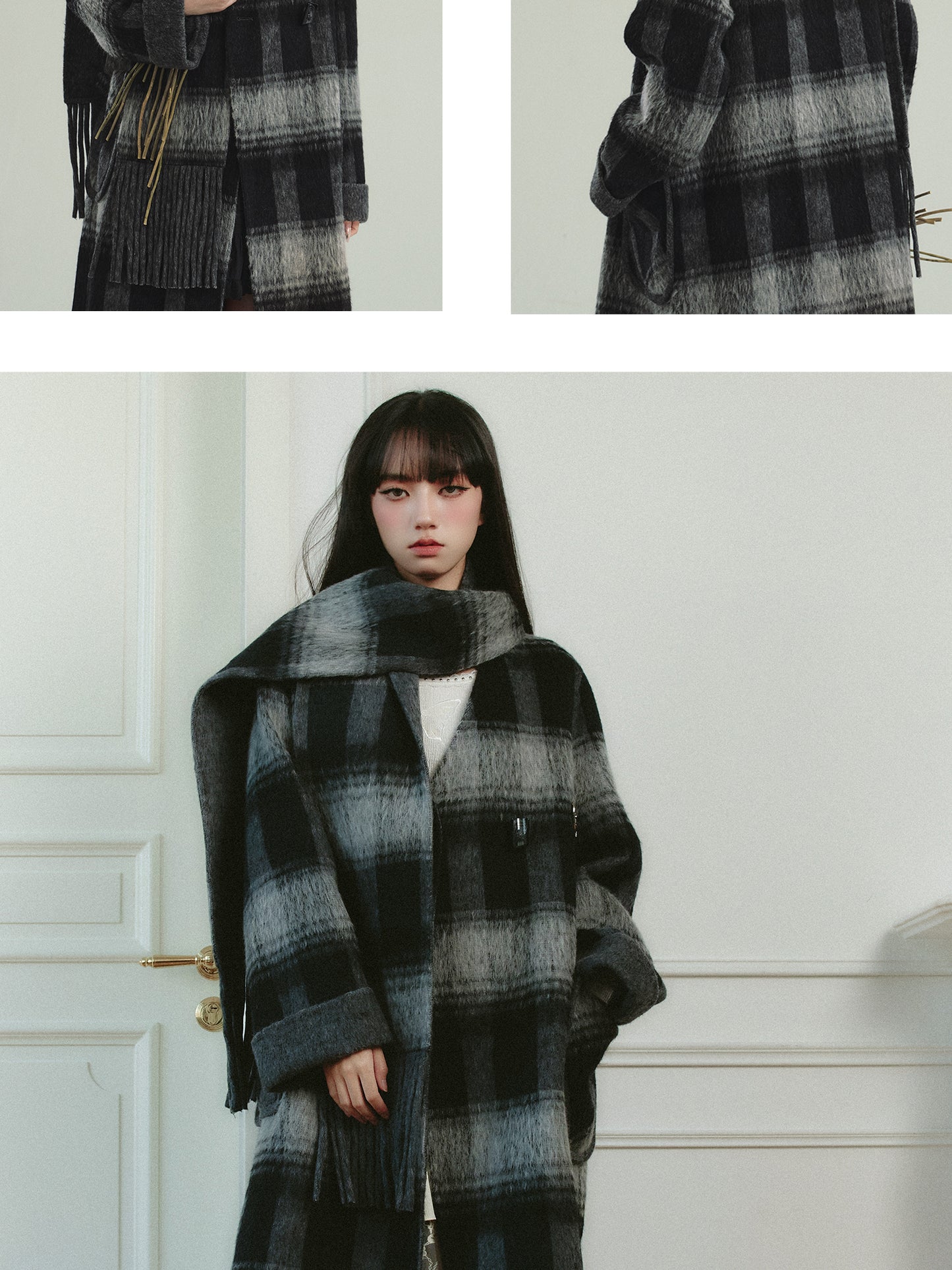 Plaid Collarless Wool Tweed Long Coat