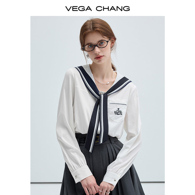 Emblem Embroidered Sailor Collar Tie Neck Shirt