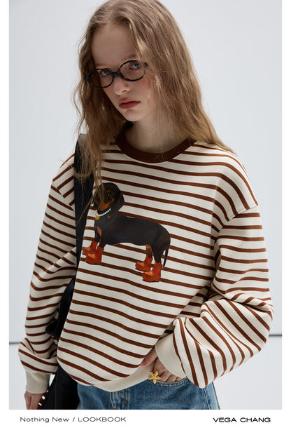 Dachshund Print Stripe Knit Sweatshirt