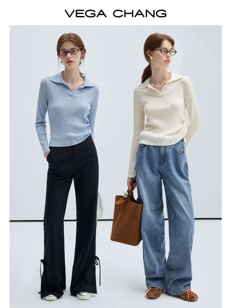 Plain Polo Rib Knit Top And Flared Slim Pants