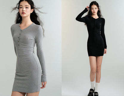 Simple Henley Neck Slim Fit Knit Mini Dress