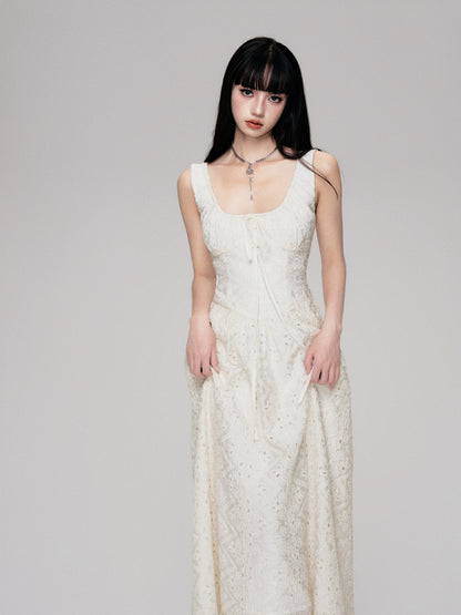 Eyelet Embroidered Lace Gathered Neck Long Dress