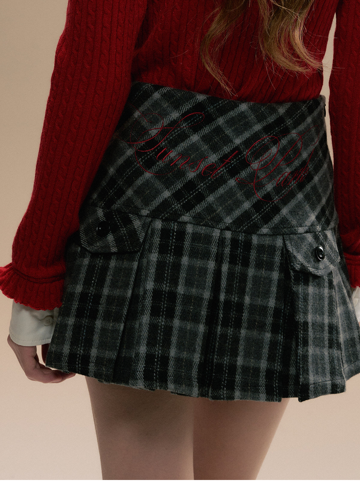 Letter Embroidered Plaid Wool-Blend Pleated Skirt