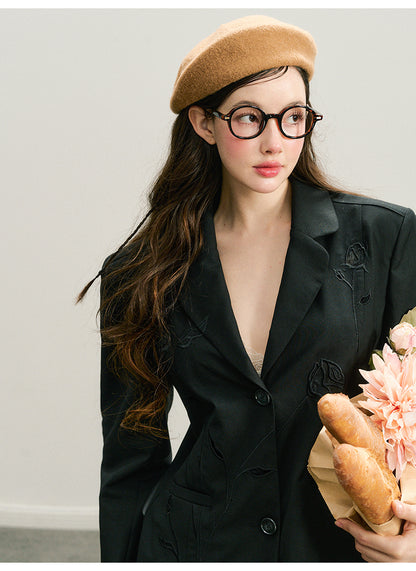 Rose Embroidered Blazer And Mini Skirt Suit