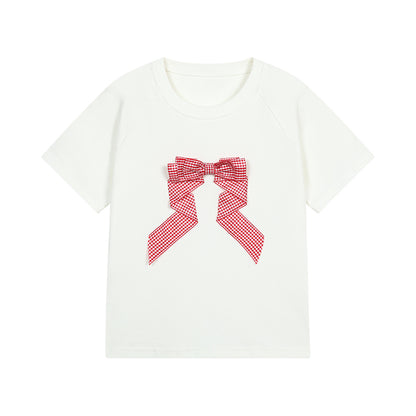 Checkered Three Dimensional Bow Round Neck T-Shirt