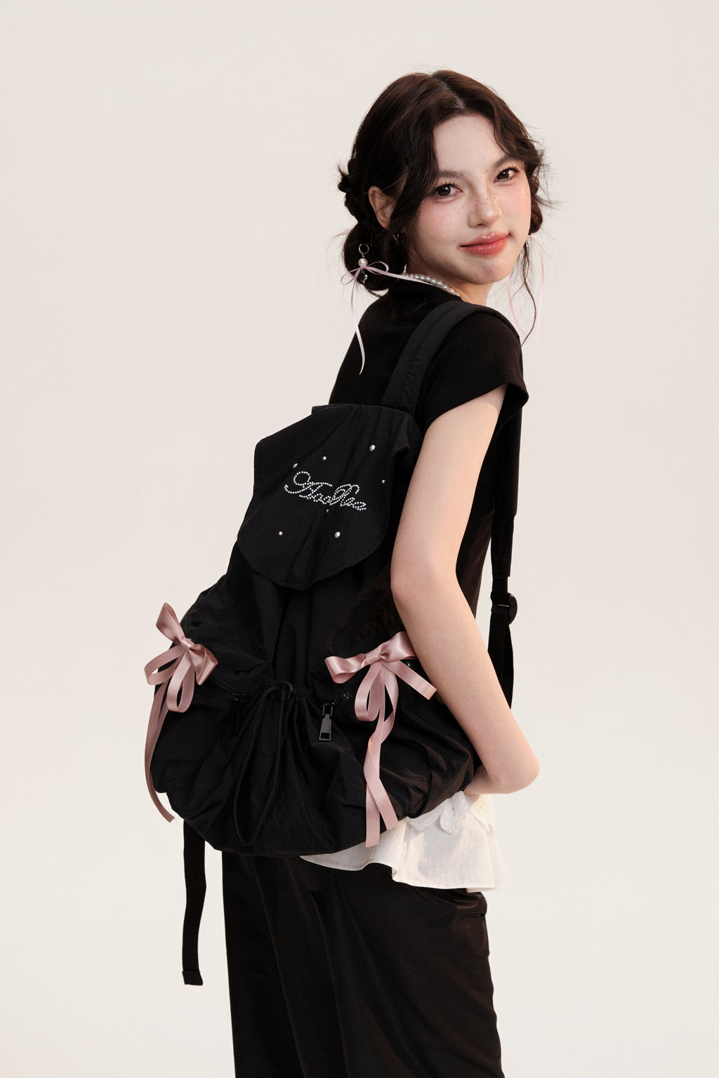 Drawstring Backpack With Decorative Satin Ribbons