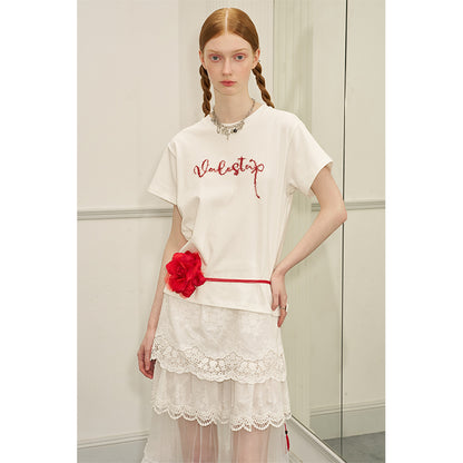 Contrast Letter Embroidery Cotton T-Shirt