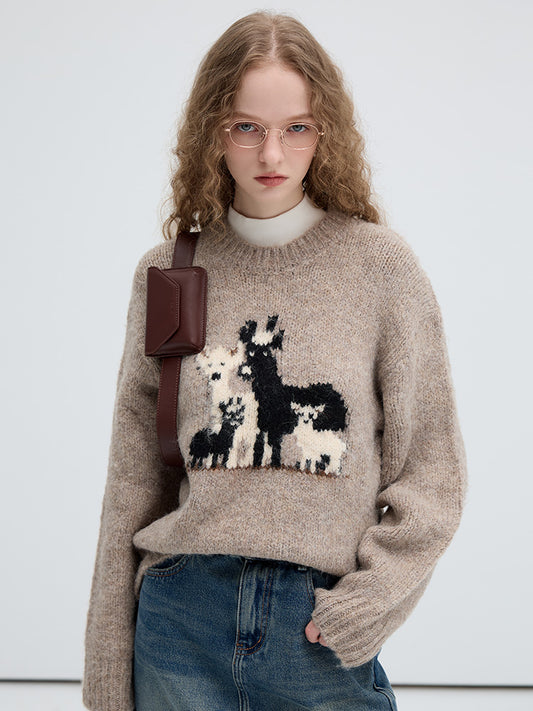 Wool Blend Relaxed Fit Deer Motif Sweater