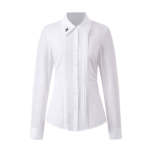 Pin Tuck Embroidery Fitted Cotton Shirt