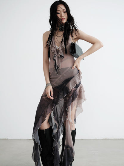 Asymmetric Smudge Print Sheer Chiffon Dress