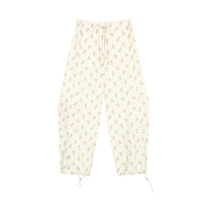 Drawstring Hem Floral Teddy Bear Print Pants