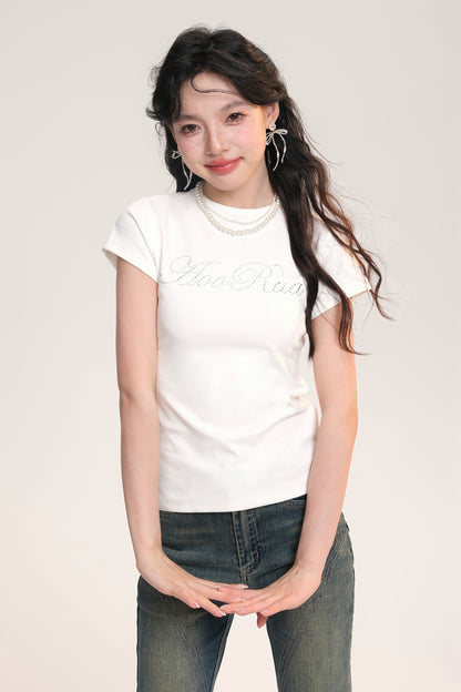 Rhinestone Letter Round Neck Cotton Basic T-Shirt