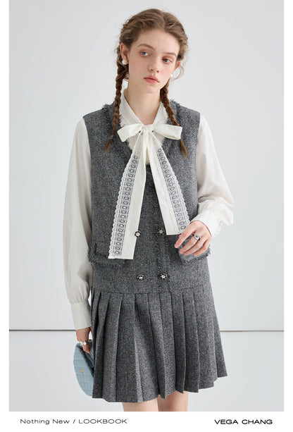 Tweed Vest Dress And Simple Lace Tie Neck Blouse