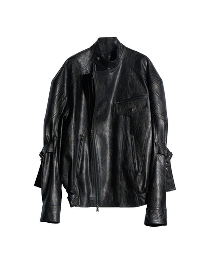 Faux Leather Motorcycle Jacket With Belted Arms