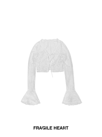 See-Through Cropped Lace Cardigan With Flared Cuffs