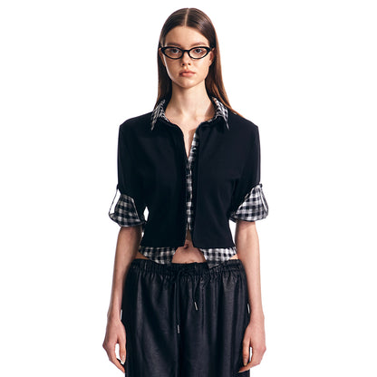 Gingham Check Faux Two-Piece Turn Up Sleeve Shirt