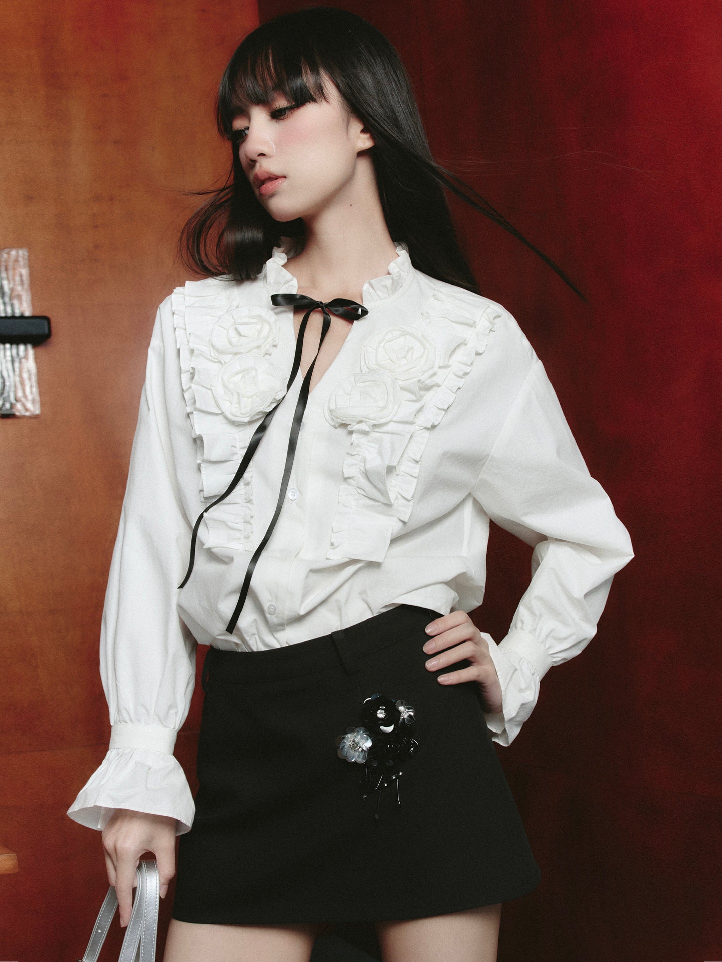 Frilled Flower Ribbon Tie Shirt, Sequin Skirt