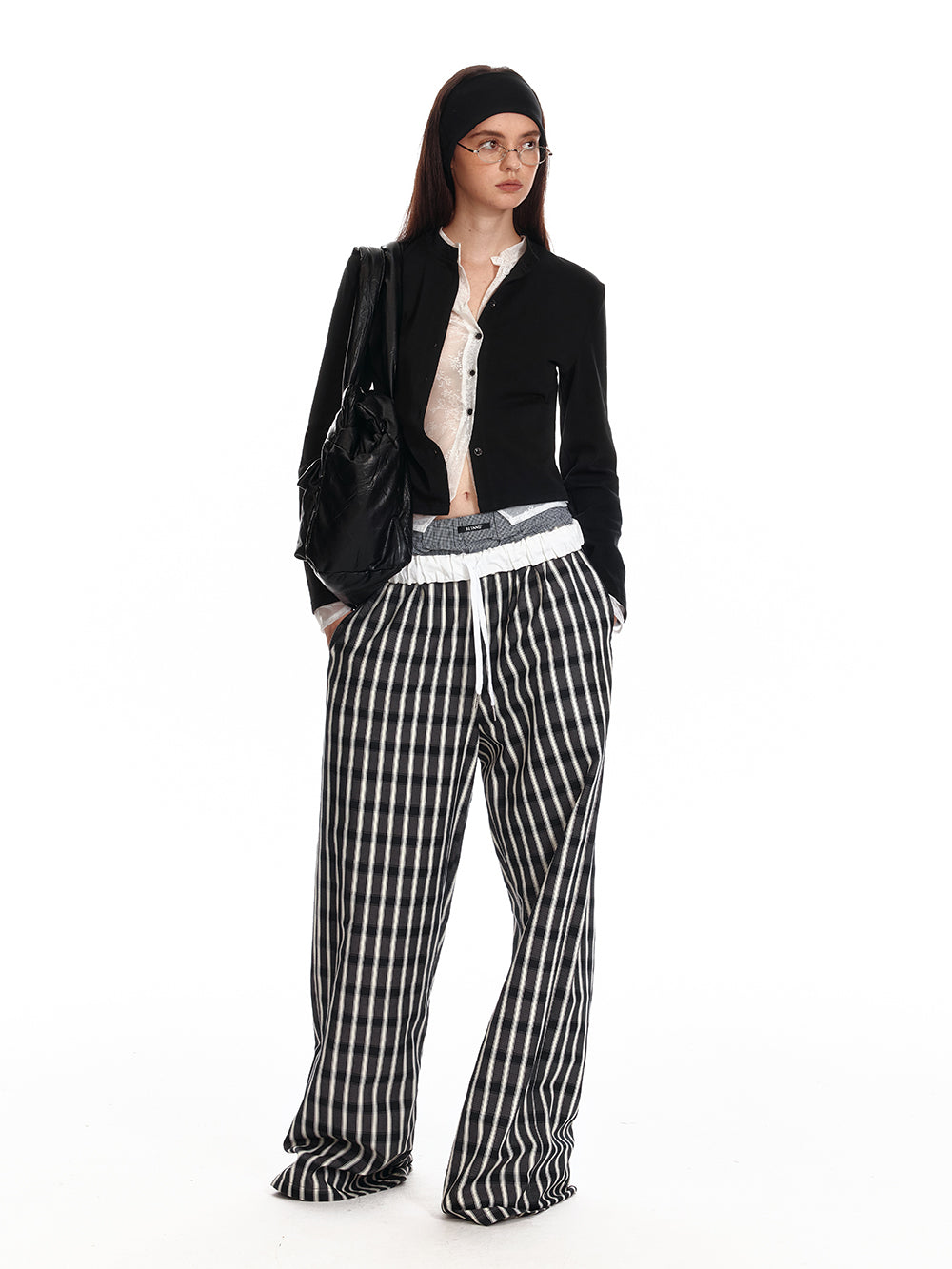 Foldable Waist Stripe-Look Checkered Pants