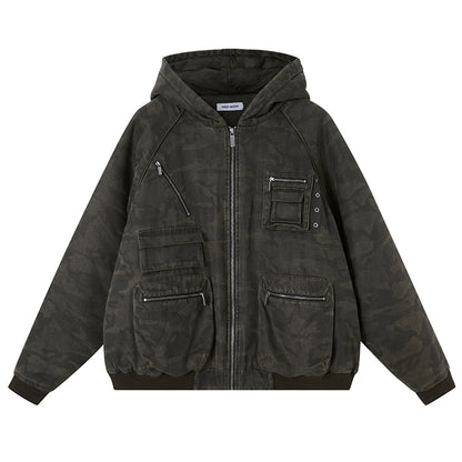 Washed Cotton Blend Hooded Jacket With Utility Pockets