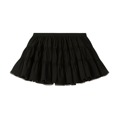 Mid Rise Lace Trim Ruched Tiered Mini Skirt