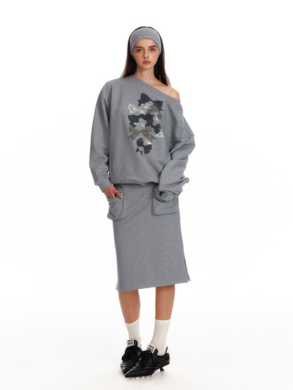 Two Way Bow Print Oversized Cotton Sweatshirt