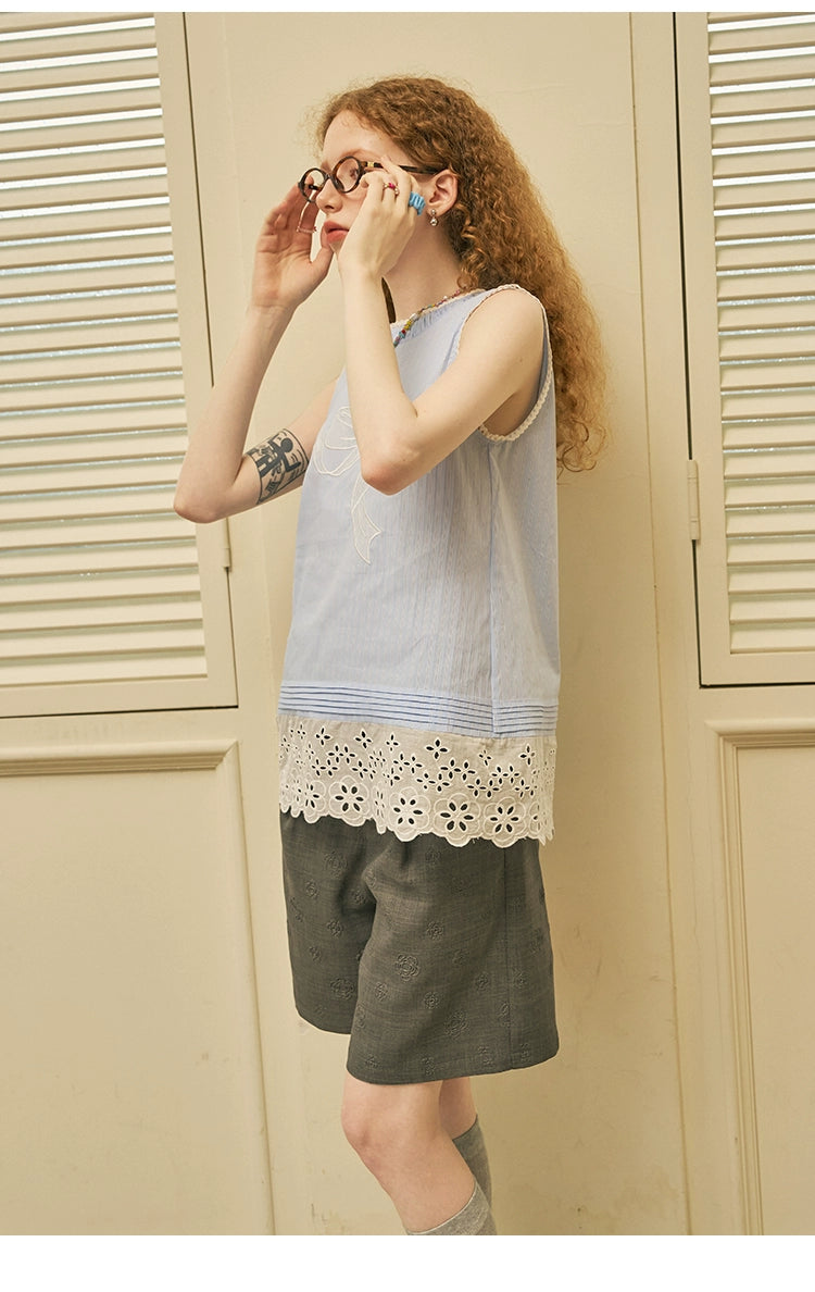 Lace Bow Embroidery Striped Sleeveless Top With Shirred Neck