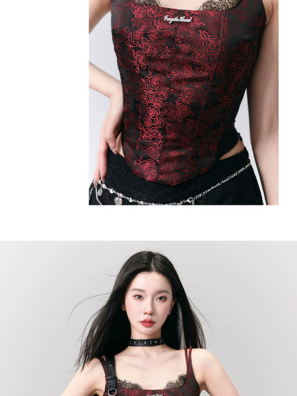 Rose Layered Jacquard Lace Camisole Top With Double Straps