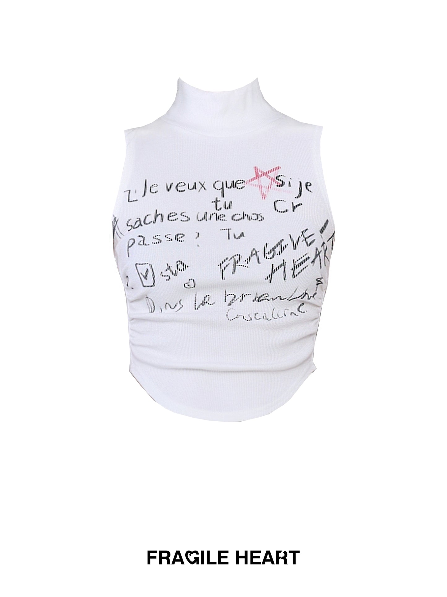 Handwriting Letter Print Sleeveless High Neck Ribbed Top