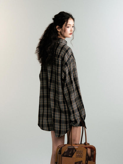 College Style Loose Fit Plaid Shirt Jacket