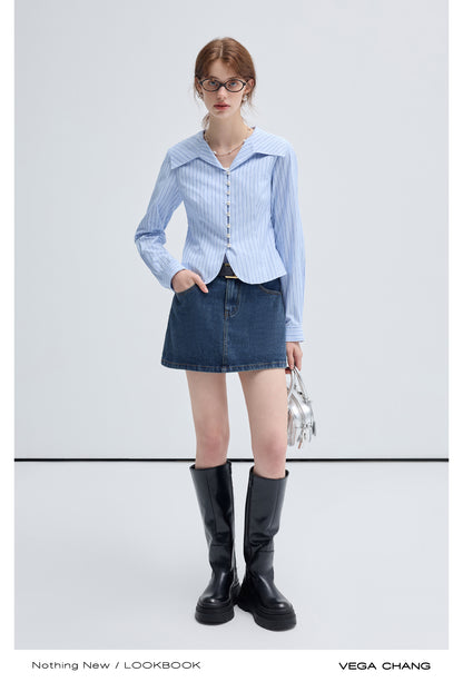 High Waisted Slim Fit Washed Denim Short Skirt