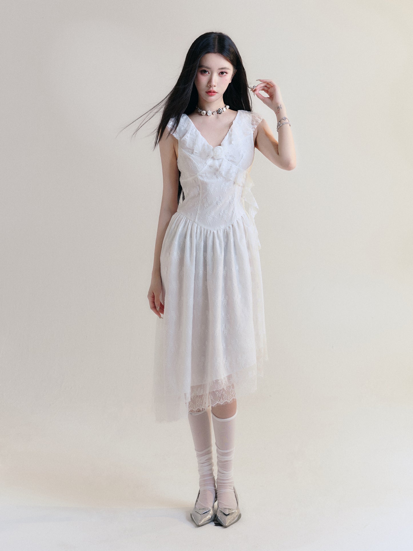 Asymmetric Flower Lace Frilled Collar Dress